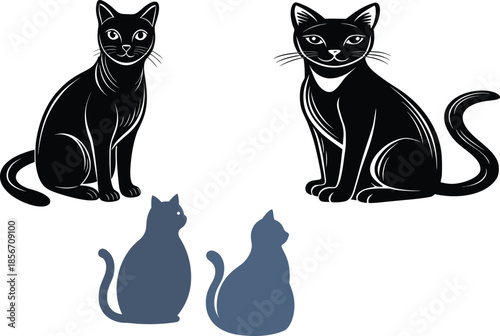 Set of black and white cat silhouettes and cartoon kitten vectors featuring domestic feline animals with heart symbols and long tails in a minimal pet illustration design.