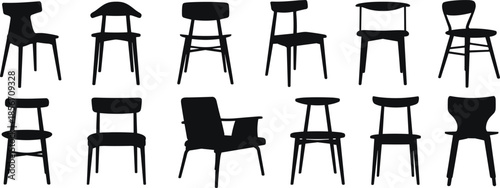 Chair silhouette icon set, black furniture shapes, modern and classic seat designs, interior decor concept, vector illustration for stock, design reference