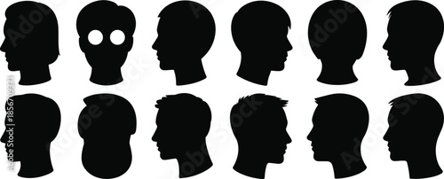 Silhouette human head profile set, black side view faces, unique character concept, visual puzzle, identity difference, vector illustration for design, stock use