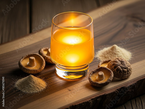 Golden drink with reishi mushrooms on wooden board