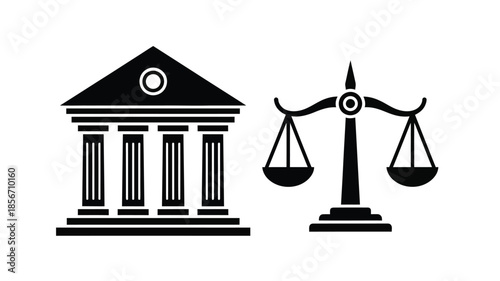 A simple black and white illustration depicting a courthouse and scales of justice
