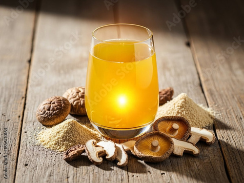 Golden drink with mushrooms and nuts on wooden table