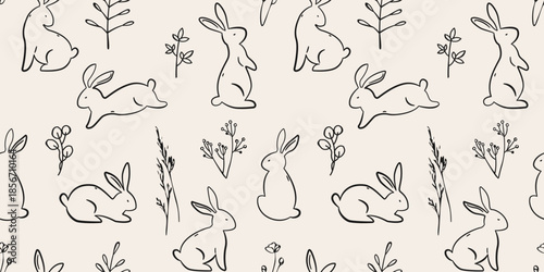 Line art bunny and floral seamless pattern. Easter bunnies in the grass. Rabbits and wildflowers. Hand drawn outline rabbit vector endless background