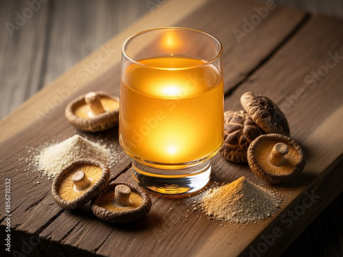 Reishi mushroom powder and tea on rustic wooden table
