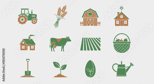 Agricultural icons and farm equipment symbols.