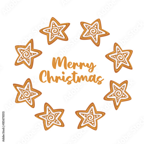Vector illustration of a circular decorative frame made of hand drawn Christmas gingerbread in the form of a star with an icing