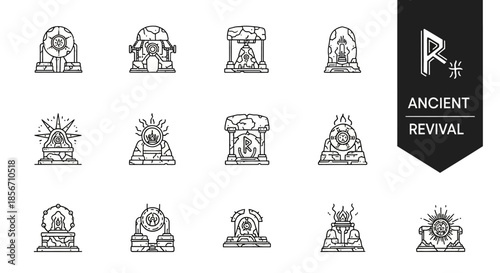 Ancient Aztec Pyramid Line Icons.