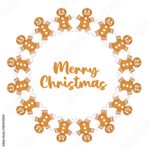 Vector illustration of a circular decorative frame made of hand drawn Christmas gingerbread in the form of a man with an icing