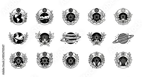 Black and white celestial body icons.
