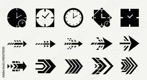 Black and white clock and arrow icons.