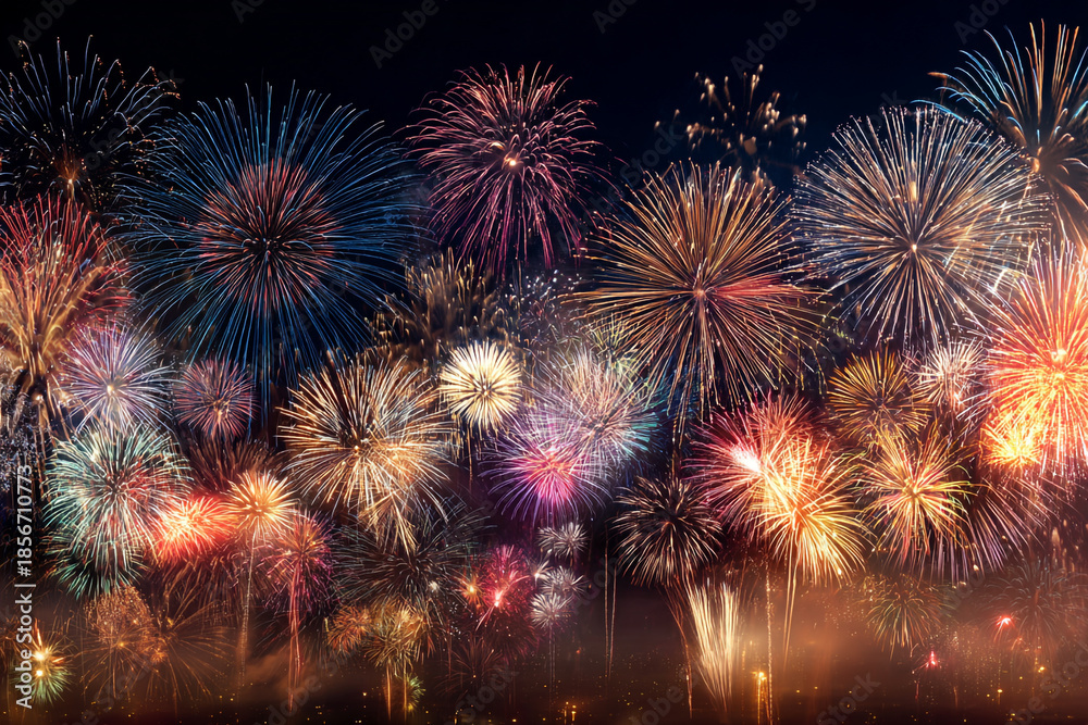 Obraz premium A vibrant explosion of colorful fireworks illuminates the night sky during a celebration