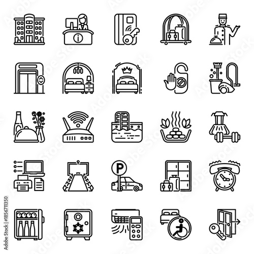 Hotel and accommodation line icons set featuring lodging, reception, room service, booking, and hospitality facilities for travel and tourism design.