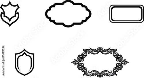 Collection of various ornate and simple frames and shields for design  isolated on transparent background