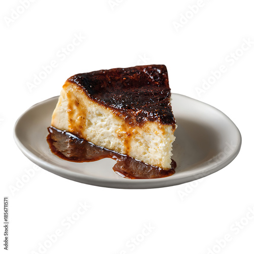 Burnt Top Cheesecake Slice isolated on white background