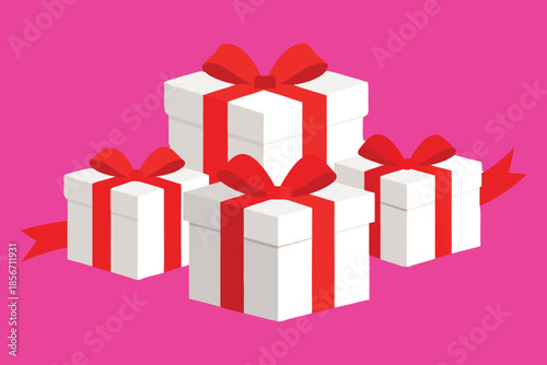 Three White Gift Boxes with Red Ribbons on Transparent Background
