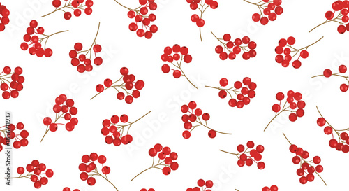 Vibrant red berries on stems create a beautiful seamless pattern, ideal for festive decorations and nature-themed backgrounds.