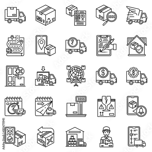 Delivery services line icons set showing logistics, shipping, courier, tracking, warehouse, and package distribution for ecommerce and business operations.