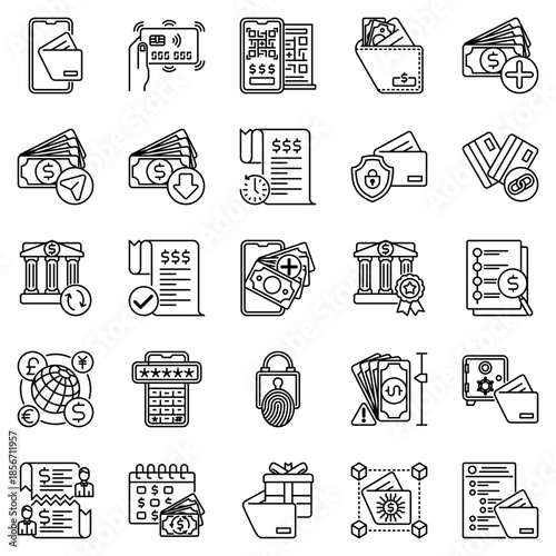 Digital wallet line icons set featuring cashless payments, mobile banking, fintech transactions, security, and online financial management tools.