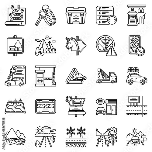 Road trip line icons set featuring vehicles, navigation, routes, fuel, camping, and outdoor travel elements for adventure and journey design.