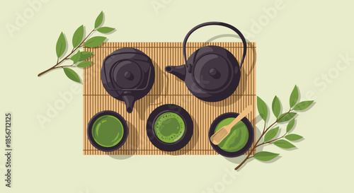 An illustrated overhead view of a traditional Japanese matcha tea set with cast iron teapots, green tea bowls, and a bamboo whisk on a mat.