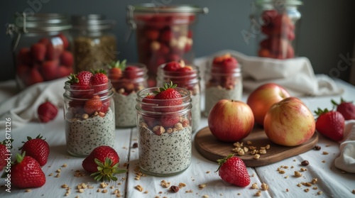 Healthy Overnight Oats with Fresh Strawberries and Apples in Jars.