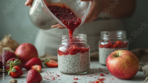 Preparing Healthy Chia Seed Pudding with Fresh Berries and Apples.