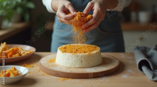 Chef Sprinkling Topping on Delicious Cheesecake.