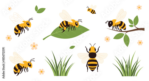 A cheerful illustration featuring a collection of cartoon bees flying and resting on green leaves and a branch, with grass and small flowers.