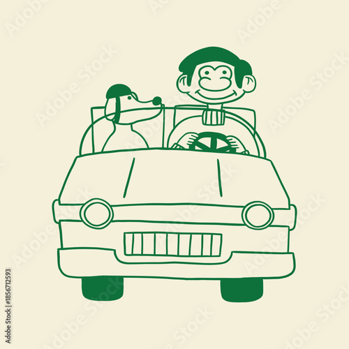person driving a car with a dog cartoon illustration