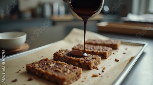 Delicious Chocolate Glaze Poured Over Freshly Baked Brownies on Parchment Paper.