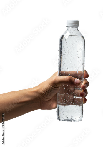 A smooth, slightly tanned human hand firmly grasps a sleek, clear ribbed plastic water bottle with condensation, purified water, against a transparent studio background. Concept of intense freshness
