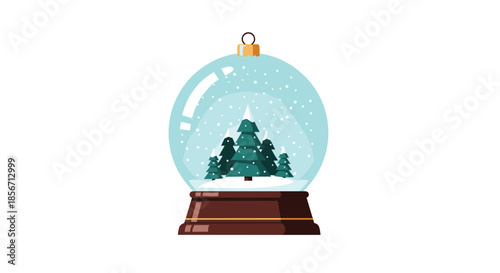Festive snow globe displaying a serene winter forest scene with stylized green pine trees and falling snowflakes, set on a classic brown base.