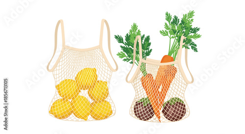 An illustration of two reusable mesh shopping bags, one full of fresh lemons and the other with carrots and eggplants, on a white background.