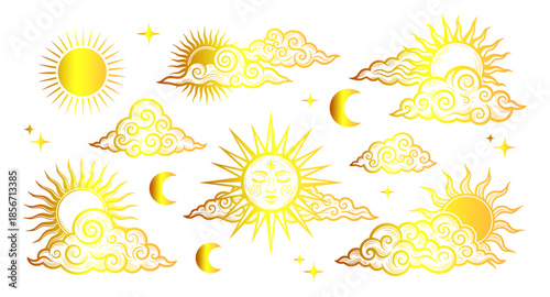 summer cloud illustration. Cheerful summer sun and clouds vector art, creating a warm and relaxing atmosphere, This design is perfect for creative projects, summer decorations or tropical themes.
