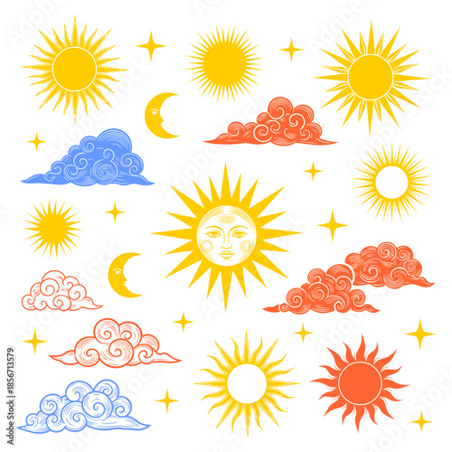 summer cloud illustration. Cheerful summer sun and clouds vector art, creating a warm and relaxing atmosphere, This design is perfect for creative projects, summer decorations or tropical themes.