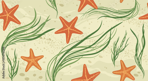 Seamless underwater pattern featuring vibrant orange starfish and flowing green seaweed on a textured sandy seabed.