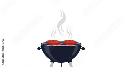 Two delicious burger patties are sizzling and smoking on a dark barbecue grill, ready for a backyard cookout.