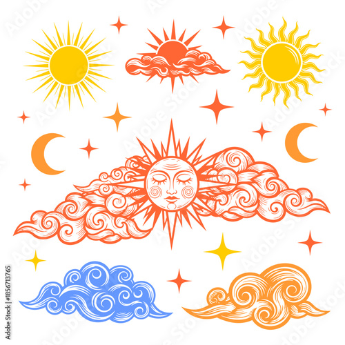summer cloud illustration. Cheerful summer sun and clouds vector art, creating a warm and relaxing atmosphere, This design is perfect for creative projects, summer decorations or tropical themes.