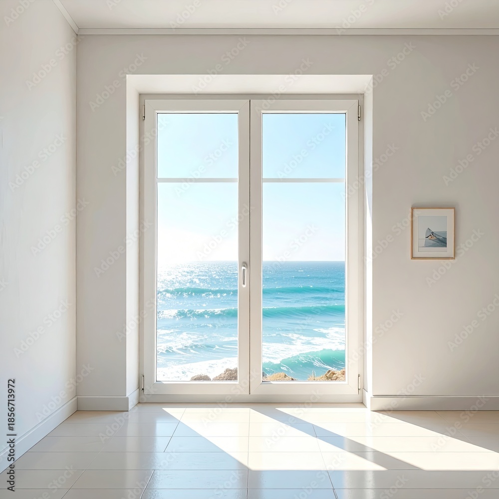 Obraz premium Empty room with large window overlooking ocean waves