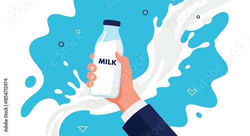 A hand holds a fresh bottle of milk amidst a vibrant splash of white liquid and blue background elements, symbolizing healthy nutrition and dairy products.