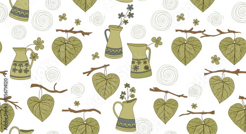 Seamless pattern with rustic pitchers, hanging heart-shaped leaves, and small flowers on a white background.