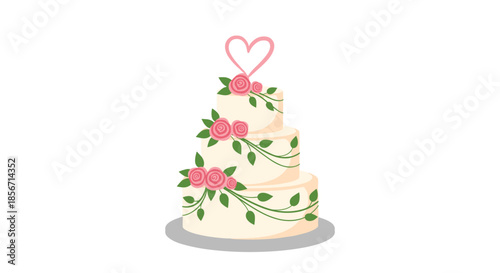 Elegant three-tier wedding cake decorated with pink roses, green vines, and a heart-shaped topper, presented in a delightful cartoon style.