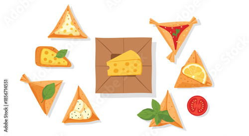 A delightful flat lay featuring an assortment of savory pastries like cheese-filled triangles and a tart, fresh basil, tomato, and a central cheese wedge.