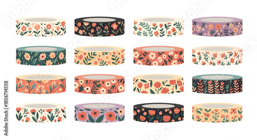 A charming collection of decorative washi tapes featuring various floral and botanical patterns, perfect for crafts, journaling, and scrapbooking.