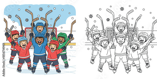 Happy kids ice hockey team celebrating victory, vector cartoon illustration with black and white coloring page outline for children.