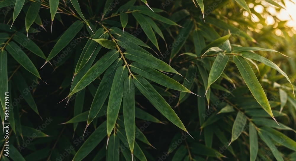 Fototapeta premium Lush, vibrant green bamboo leaves illuminated by sunlight, creating a dense, textured backdrop