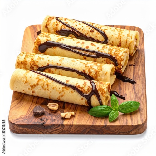 Four chocolate-drizzled crepes on a wooden board