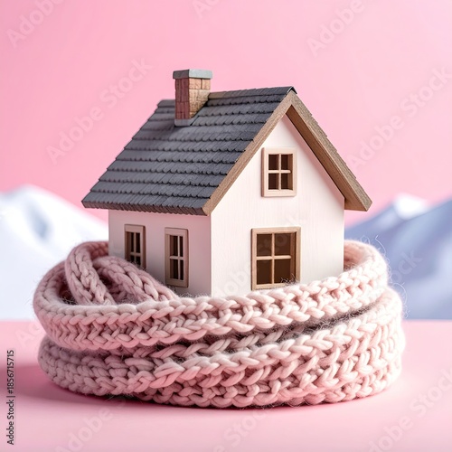 Cozy house wrapped in a warm scarf against snowy mountains