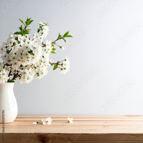 White blossoms in a vase on a light wooden table against a light gray background
