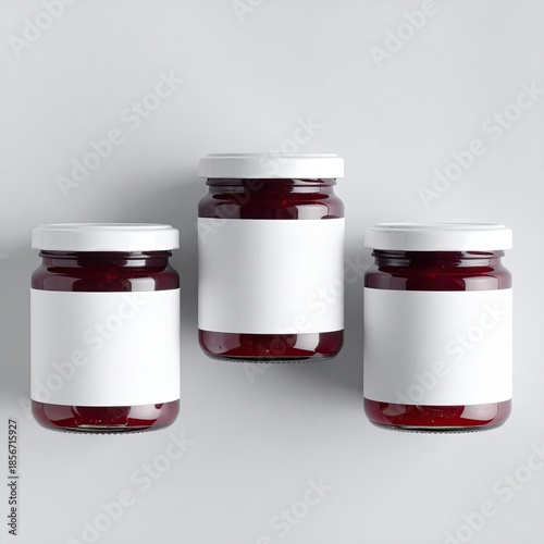 Three glass jars, filled with a deep red jam or preserves, sit on a light gray surface.  Each jar has a white label